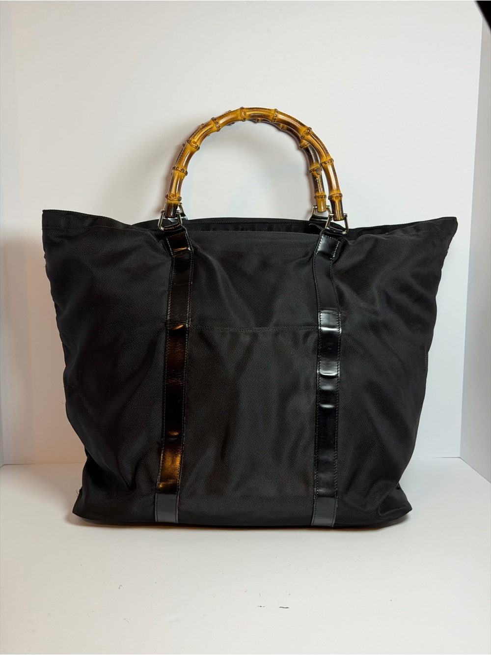 Vintage Gucci Bamboo Black Nylon Large Shopper Tote